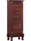 Tall wooden jewelry armoire in brown with 7 drawers and swing doors for ample jewelry storage. Ideal for organizing.