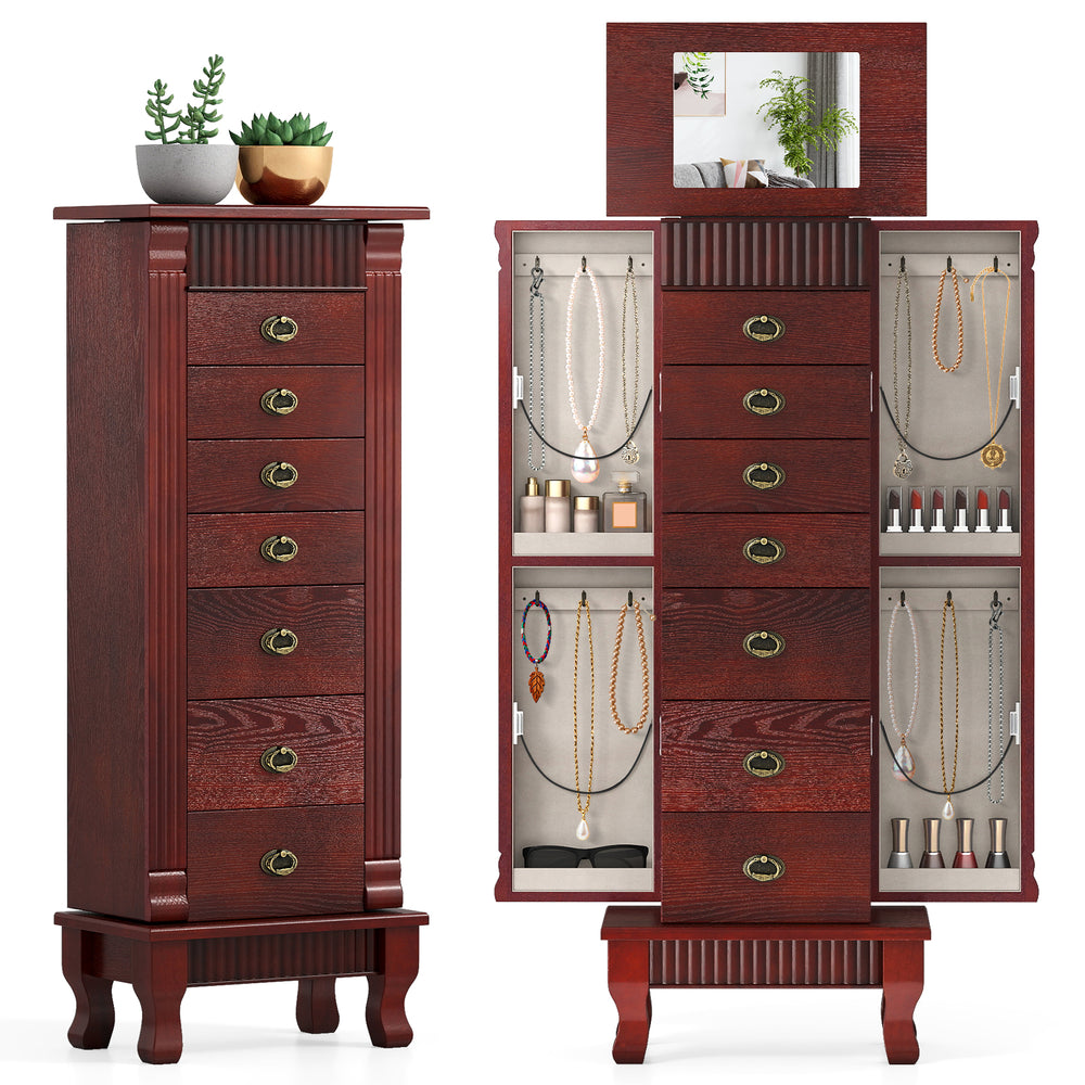 Wooden jewelry armoire cabinet in brown with 7 drawers and swing doors for ample jewelry storage and a mirror.