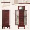 Wooden jewelry armoire cabinet in brown with 7 drawers and swing doors, featuring a mirror and ample storage space.
