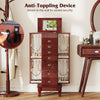 Wooden jewelry armoire cabinet in brown with an anti-toppling device for added security and stability.