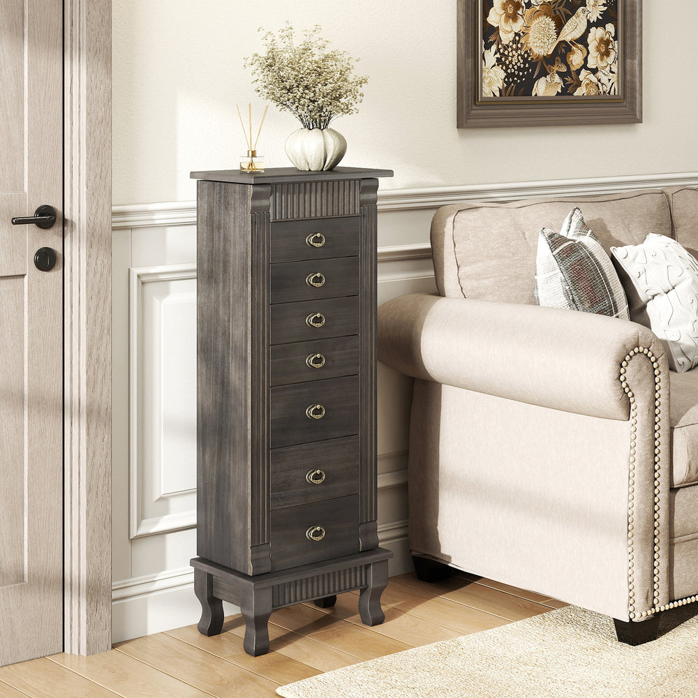 Wooden Jewelry Armoire Cabinet Storage Chest with Drawers and Swing Doors-Gray - Gallery View 1 of 10