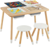 Wooden kids activity table set with chalkboard and whiteboard surfaces, featuring natural pine wood and foldable.