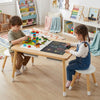 Kids activity table set with natural pine wood, featuring chalkboard and whiteboard surfaces for creative play.