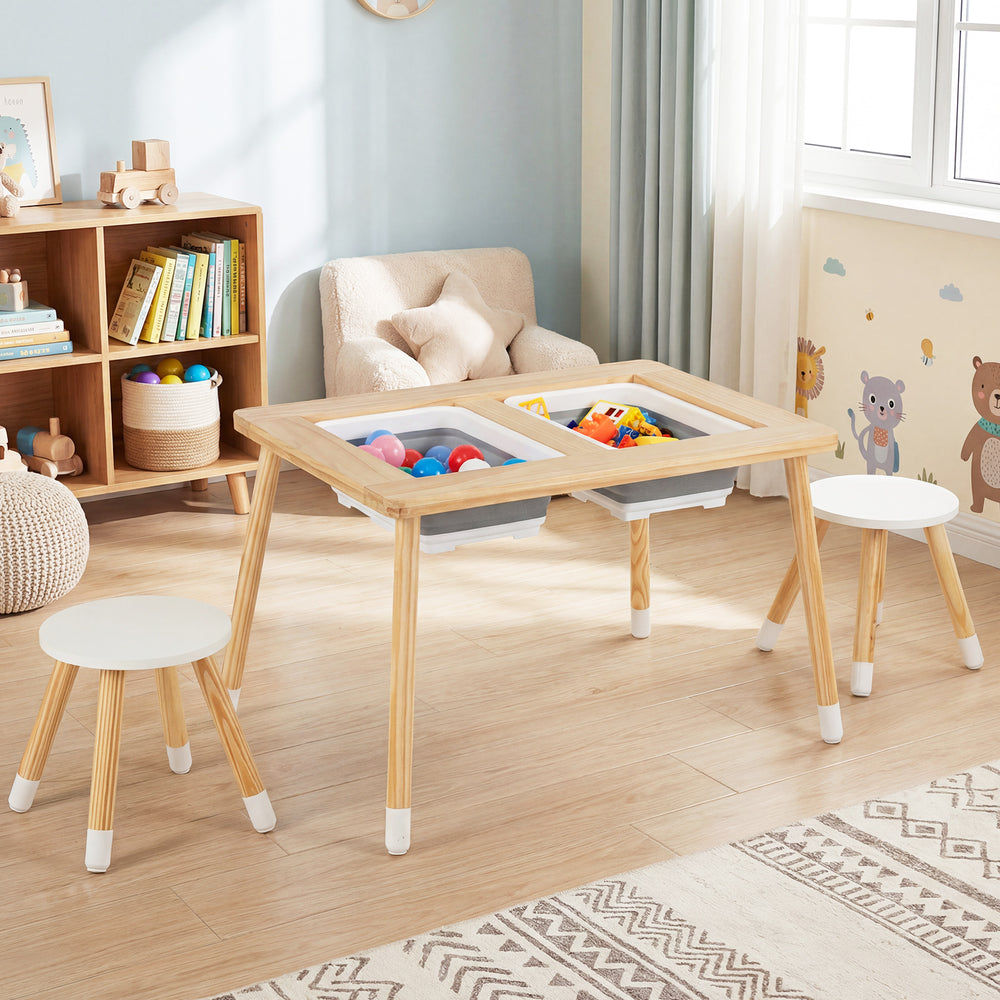 Wooden kids activity table set with double-sided boards, featuring natural pine wood, foldable storage bins, and two.