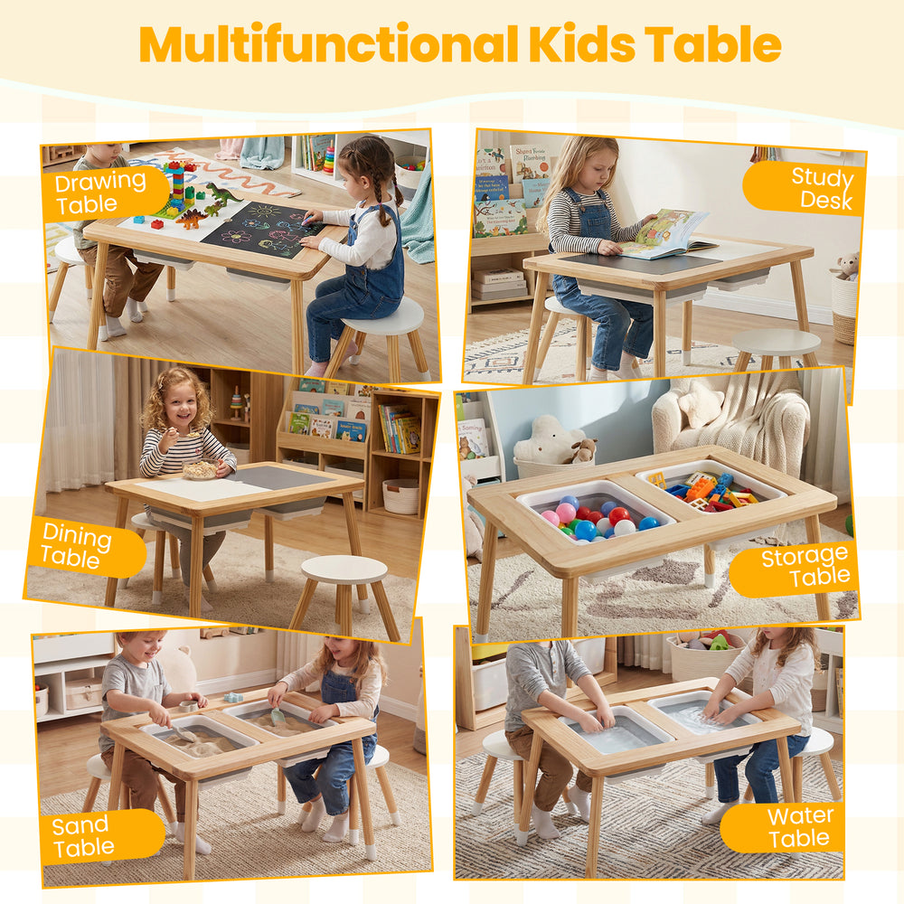 Wooden kids activity table set with chalkboard and whiteboard surfaces, ideal for play, learning, and dining.
