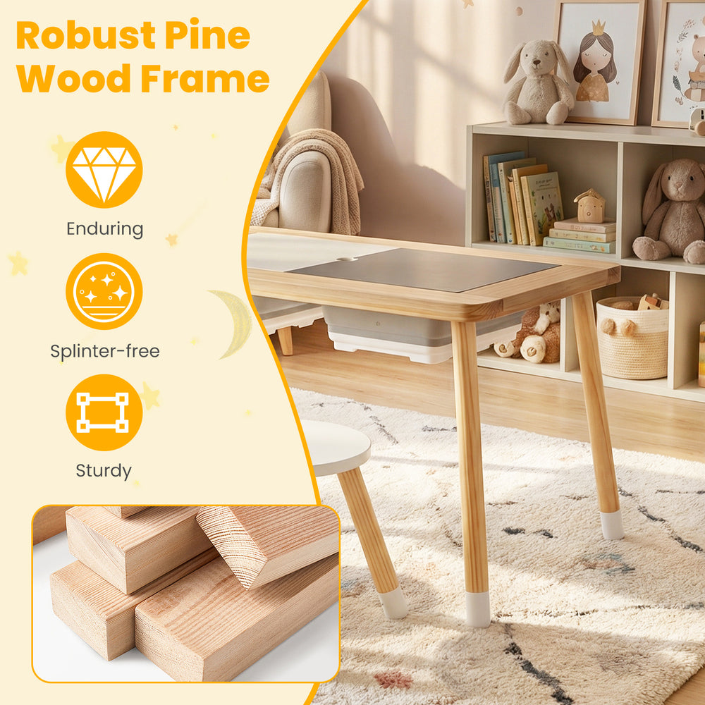 Wooden kids activity table set featuring a natural pine wood frame, double-sided boards, and splinter-free surfaces for.