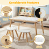 Wooden kids activity table set featuring chalkboard and whiteboard surfaces, rounded corners, and foldable storage bins.
