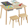 Wooden kids activity table set with two foldable storage bins, featuring chalkboard and whiteboard surfaces for.