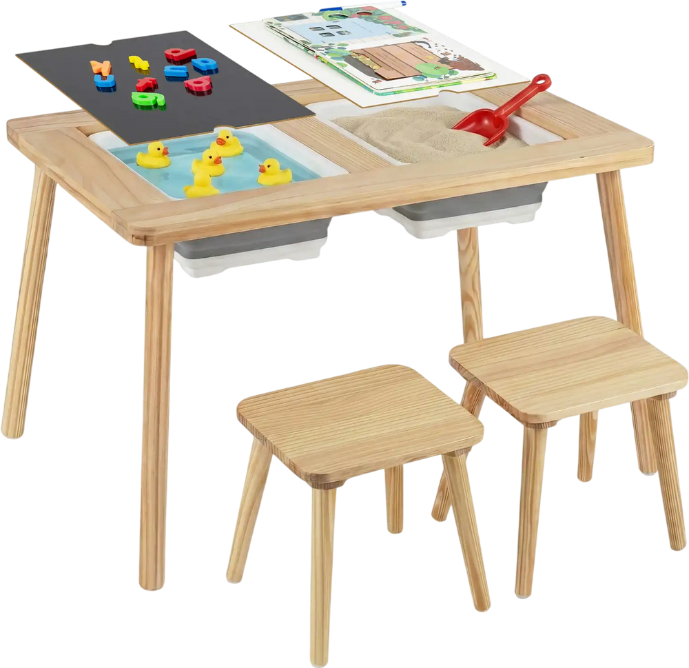 Wooden kids activity table set with two foldable storage bins, featuring chalkboard and whiteboard surfaces for.