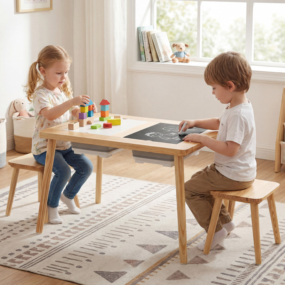 Wooden kids activity table set with chalkboard and whiteboard surfaces, featuring foldable storage bins for playroom.