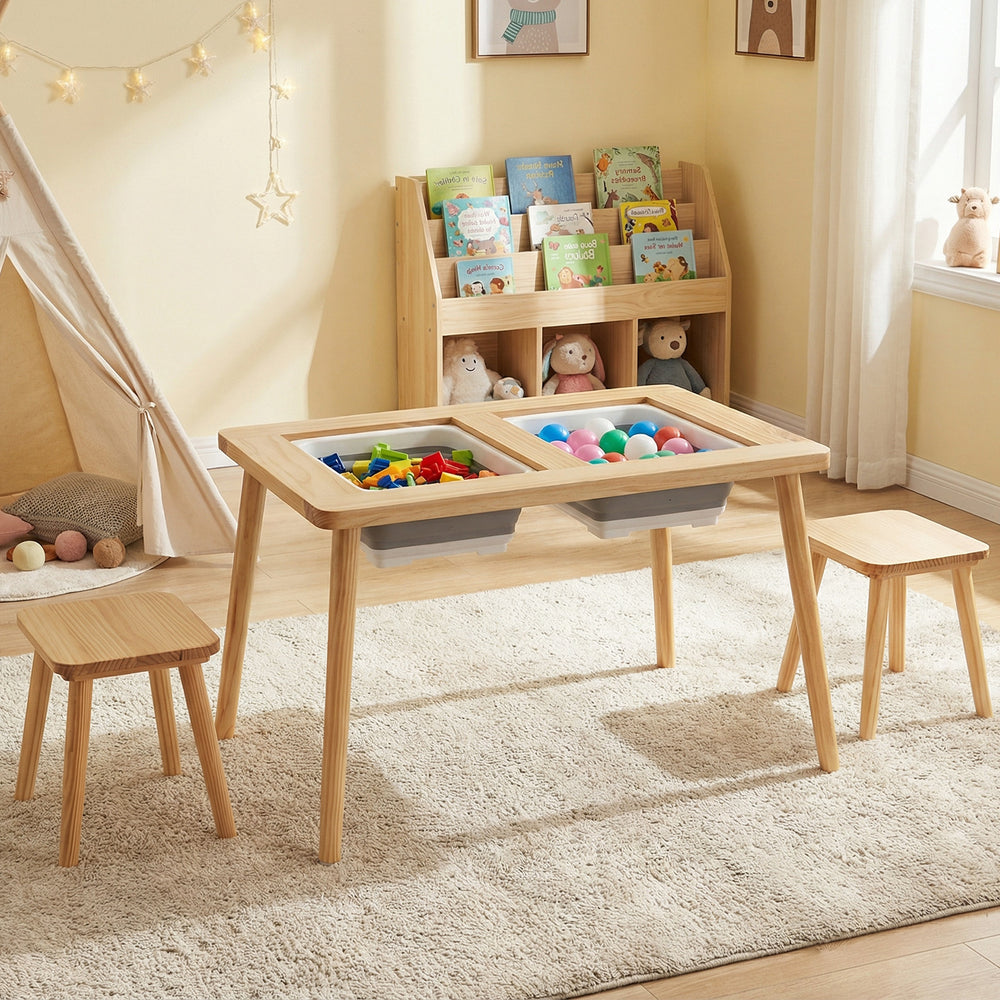 Wooden kids activity table set with two foldable storage bins in natural pine, perfect for playrooms and creative.
