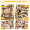 Wooden kids activity table set with chalkboard and whiteboard surfaces, featuring foldable storage bins for versatile.