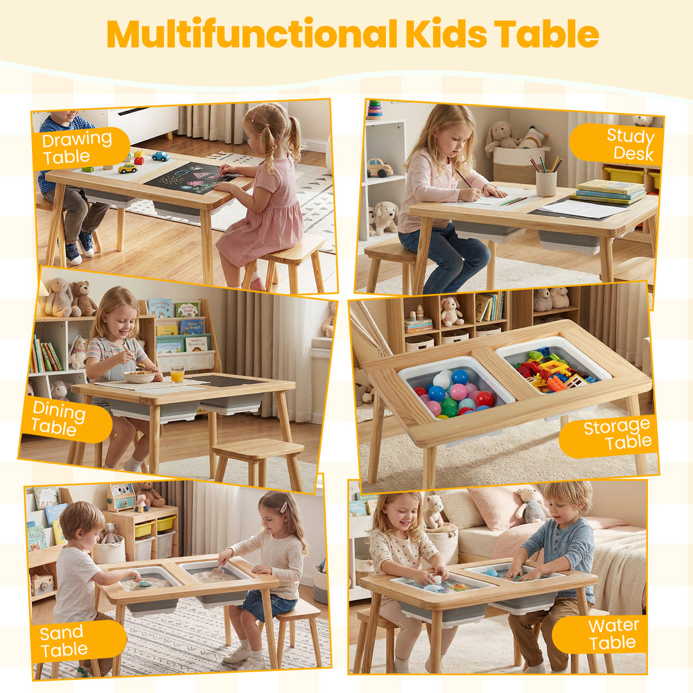 Wooden kids activity table set with chalkboard and whiteboard surfaces, featuring foldable storage bins for versatile.