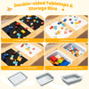 Wooden kids activity table set featuring chalkboard and whiteboard surfaces with two foldable storage bins for.