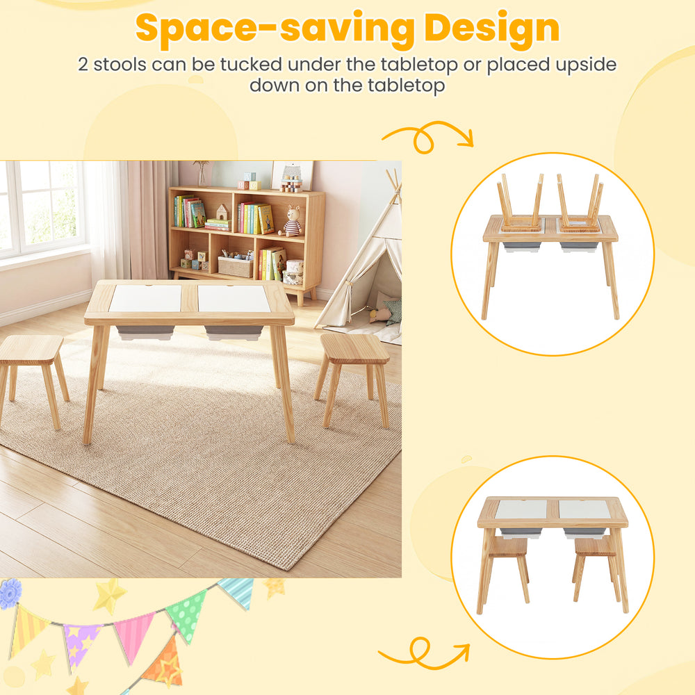 Wooden kids activity table set with foldable storage bins, featuring chalkboard and whiteboard surfaces for creative.