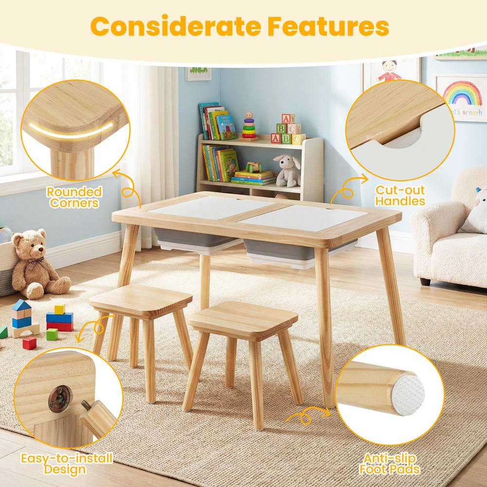 Natural pine wooden kids activity table set showing rounded corners and cut-out handles for enhanced safety and.
