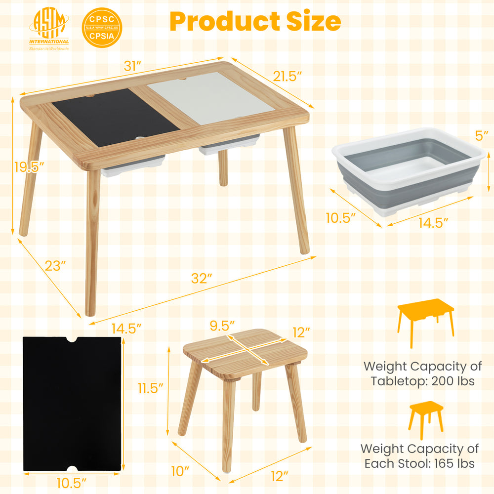 Wooden kids activity table set featuring chalkboard and whiteboard surfaces, with foldable storage bins for playroom.