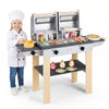 Wooden kids barbecue grill playset with abundant grilling tools, featuring two compartments and a bottom shelf for.
