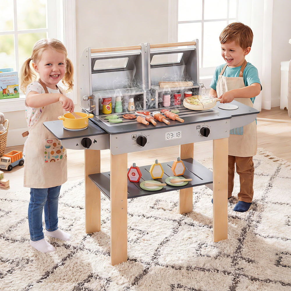 Kids play with the Wooden Kids Barbecue Grill Playset, featuring grilling tools and play foods for imaginative cooking.