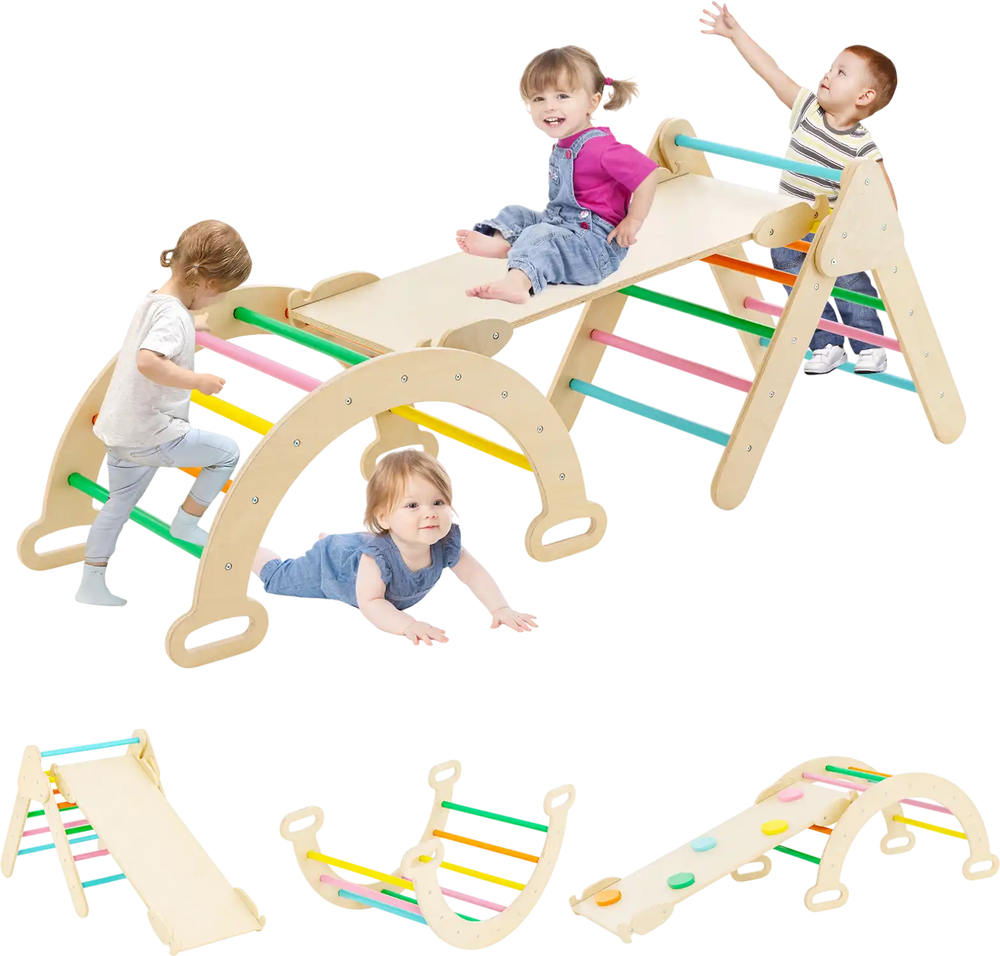 5-in-1 wooden kids climber with multicolor ramp, featuring a stable triangular structure for climbing and sliding fun.