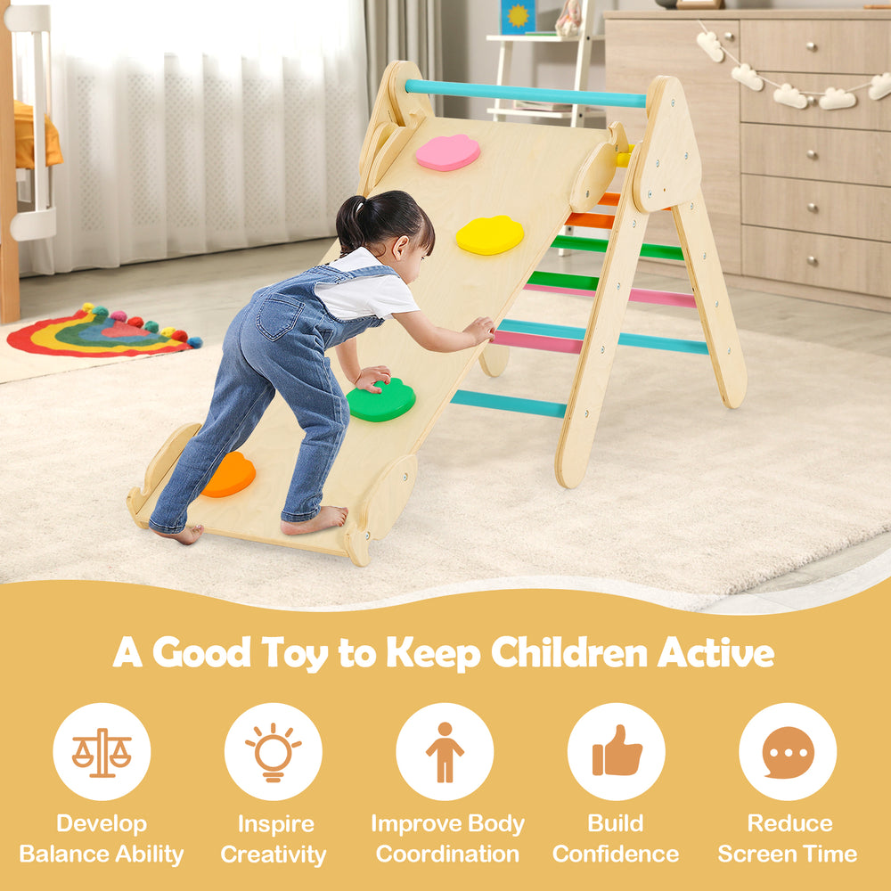 5-in-1 wooden kids climber with multicolor ramp, designed for toddlers to improve balance and coordination.
