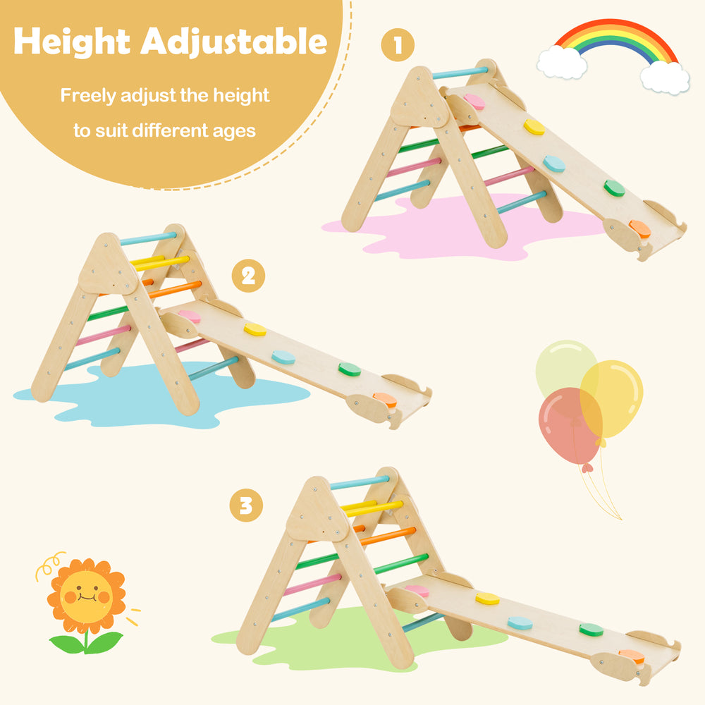 5-in-1 wooden kids climber with adjustable height, colorful ramp, and stable triangular structure for toddlers' play.