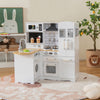 L-shaped wooden kid's corner kitchen playset with a washing machine, sink, and storage, perfect for toddlers'.