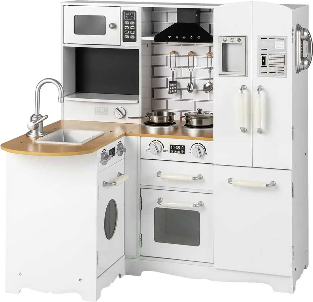 Wooden kid's corner kitchen playset with stove, microwave, and washing machine for toddlers, ideal for imaginative play.