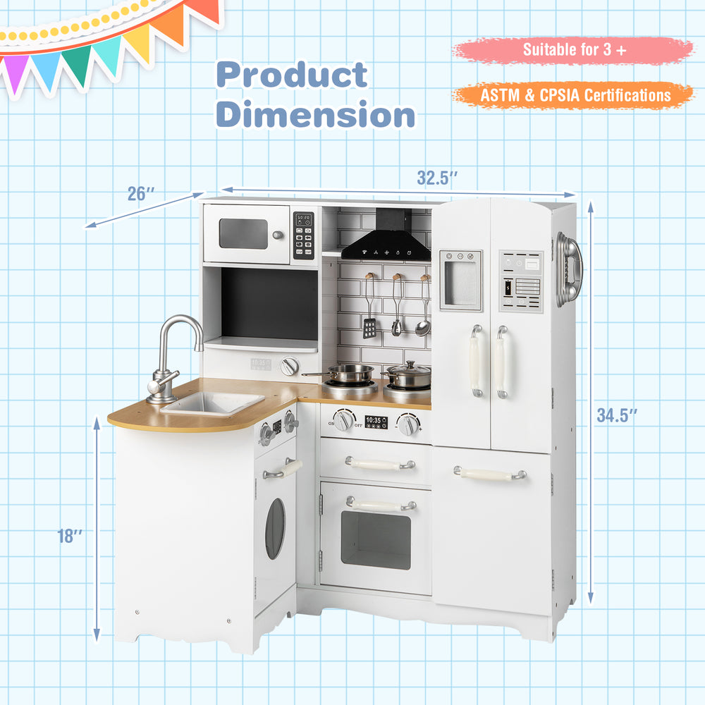 Wooden kid's corner kitchen playset in natural and white with stove, microwave, and ample storage for toddlers'.