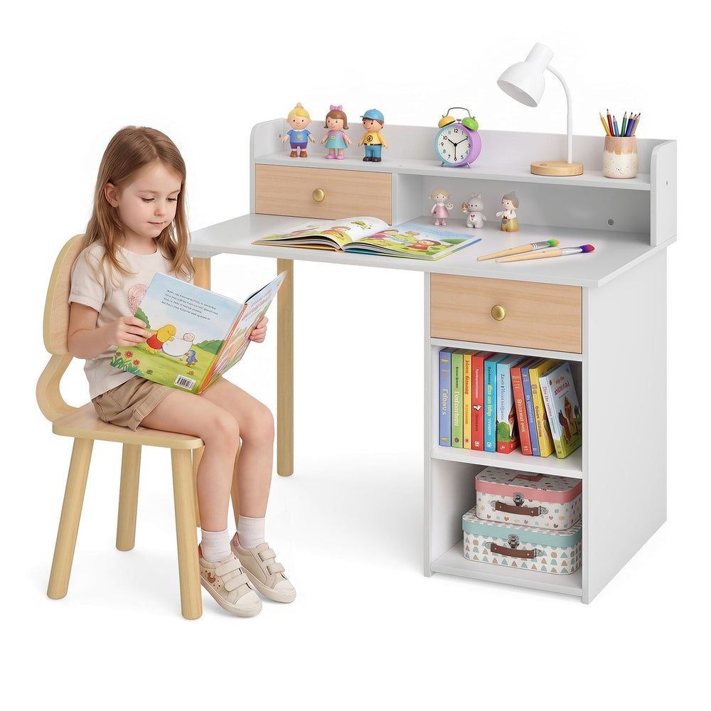 Wooden Kids Desk and Chair Set with Hutch and Drawer for Bedroom-Natural - Gallery View 1 of 2