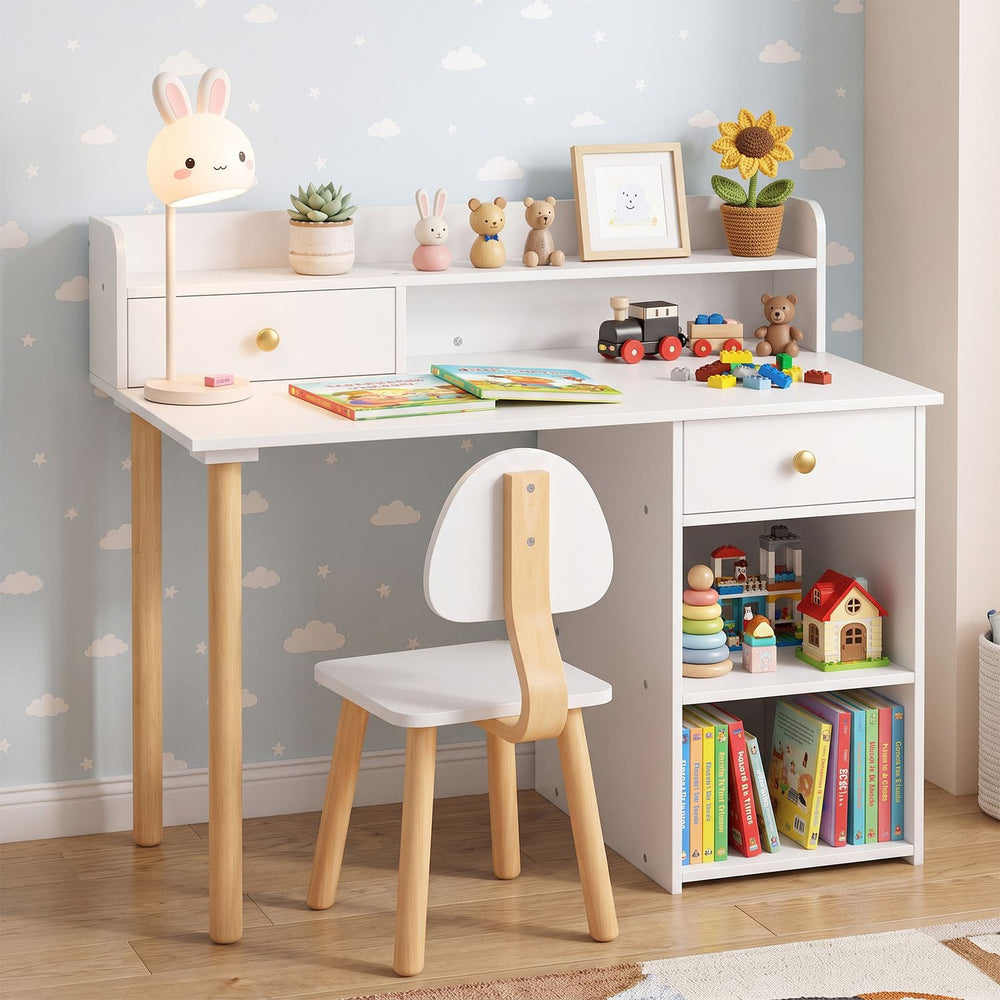 White wooden kids desk and chair set with hutch and drawer, shown with shelves and study supplies in a bedroom.