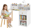 White wooden kids desk and chair set with hutch and drawer, shown with a child reading in a bedroom.