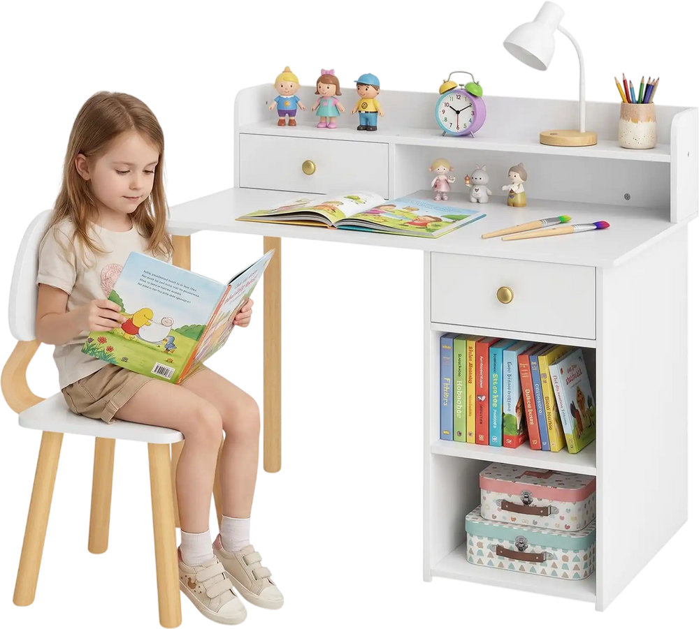 White wooden kids desk and chair set with hutch and drawer, shown with a child reading in a bedroom.