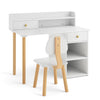 White wooden kids desk and chair set with hutch and drawer, shown from the front with chair tucked beneath the desk.