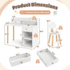 White wooden kids' desk and chair set with hutch and drawer, shown with dimensions for bedroom study use.