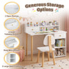 White wooden kids desk and chair set with hutch, wide top, drawer, and two open shelves for bedroom study time.