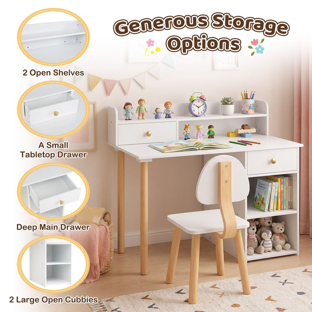 White wooden kids desk and chair set with hutch, wide top, drawer, and two open shelves for bedroom study time.
