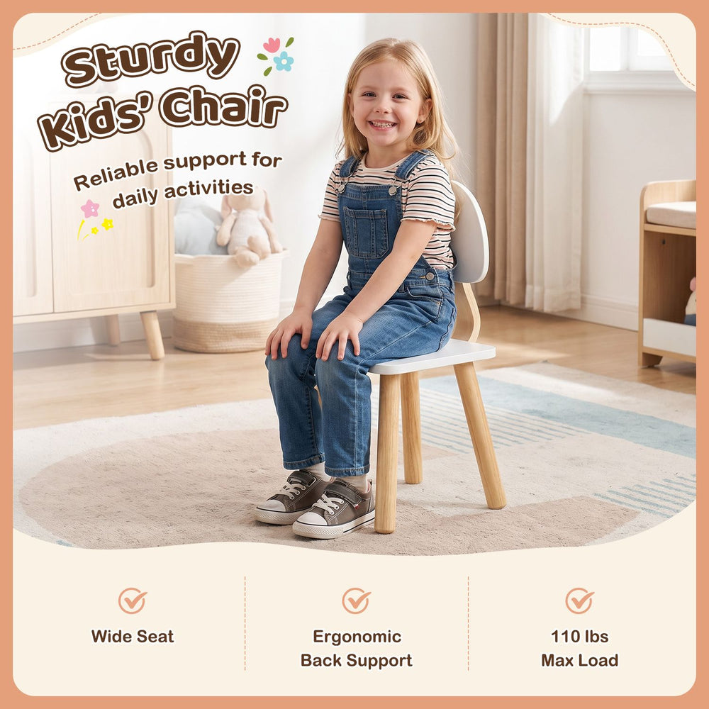 Wooden kids desk and chair set in white, shown with a child seated at the ergonomic chair in a bedroom.