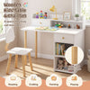 White wooden kids desk and chair set shown with hutch, drawer, and shelves in a bright bedroom.