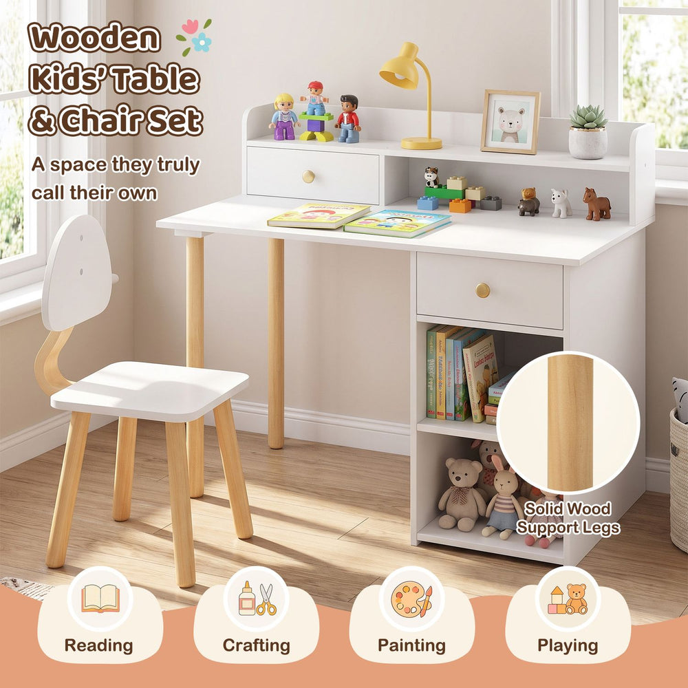 White wooden kids desk and chair set shown with hutch, drawer, and shelves in a bright bedroom.