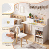 Wooden kids desk and chair set with hutch and drawer in white, shown in a bedroom study setup with rounded corners.