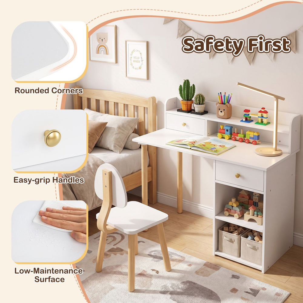 Wooden kids desk and chair set with hutch and drawer in white, shown in a bedroom study setup with rounded corners.