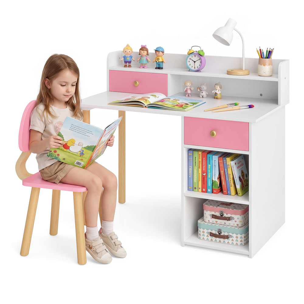 Wooden Kids Desk and Chair Set with Hutch and Drawer for Bedroom-Pink - Gallery View 1 of 2