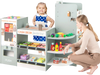 Wooden kids grocery store playset in green with checkout counter, vending machine, and 30 accessories for imaginative.