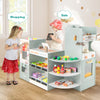 Wooden kids grocery store playset in green with checkout counter, vending machine, and 30 accessories for pretend play.