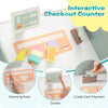 Interactive checkout counter of the Wooden Kids Grocery Store Playset with scanning area and credit card payment.
