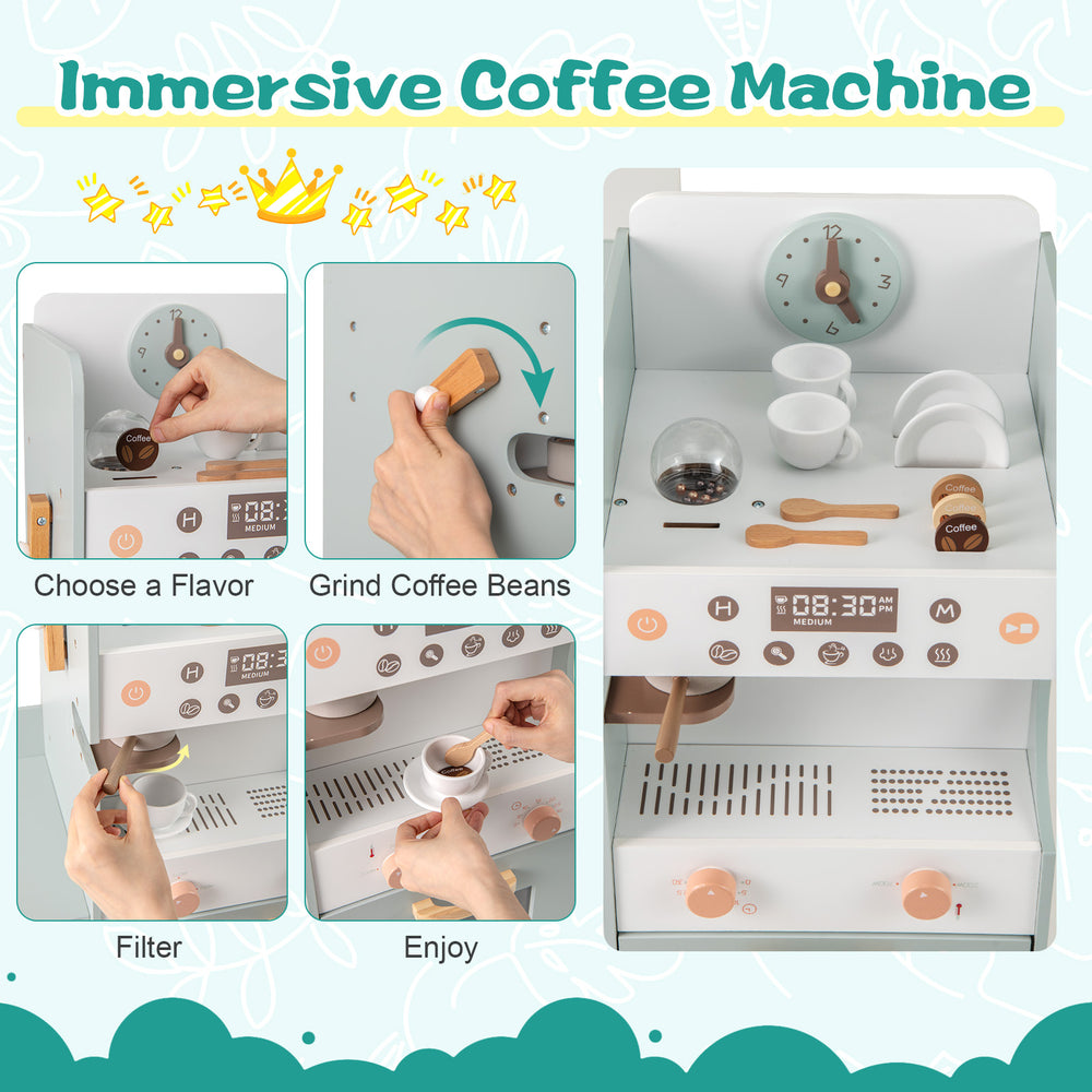 Wooden kids grocery store playset featuring an immersive coffee machine, checkout counter, and 30 accessories for.