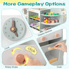Wooden kids grocery store playset features a clock, display shelves, and interactive oven for engaging pretend play.