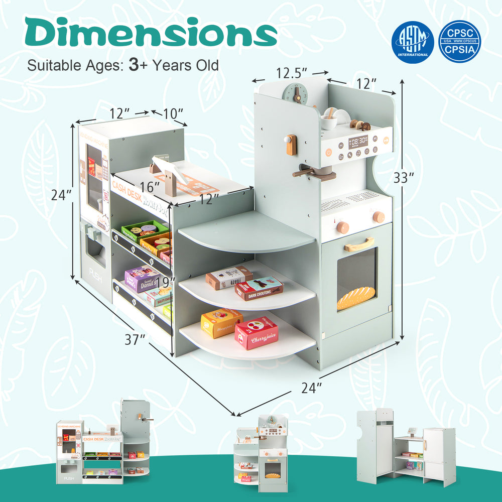 Wooden kids grocery store playset in green with checkout counter, shelves, and 30 accessories for imaginative play.
