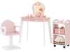 Wooden kids hair salon play set in pink featuring a lighted mirror, swivel chair, and rolling storage cart for.